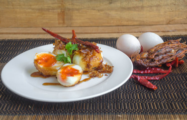 Thai Cuisine,Sweet and sour eggs,(Fried Egg with Tamarind Sauce)
