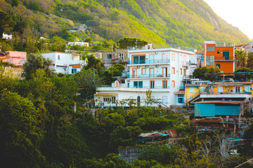 white and orange houses in the mountainswhite and orange houses in the mountains