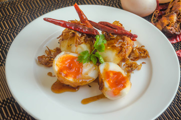 Thai Cuisine,Sweet and sour eggs,(Fried Egg with Tamarind Sauce)