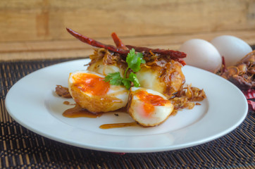 Thai Cuisine,Sweet and sour eggs,(Fried Egg with Tamarind Sauce)