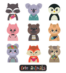 Vector collection of cute animals. Colorful funny characters.
