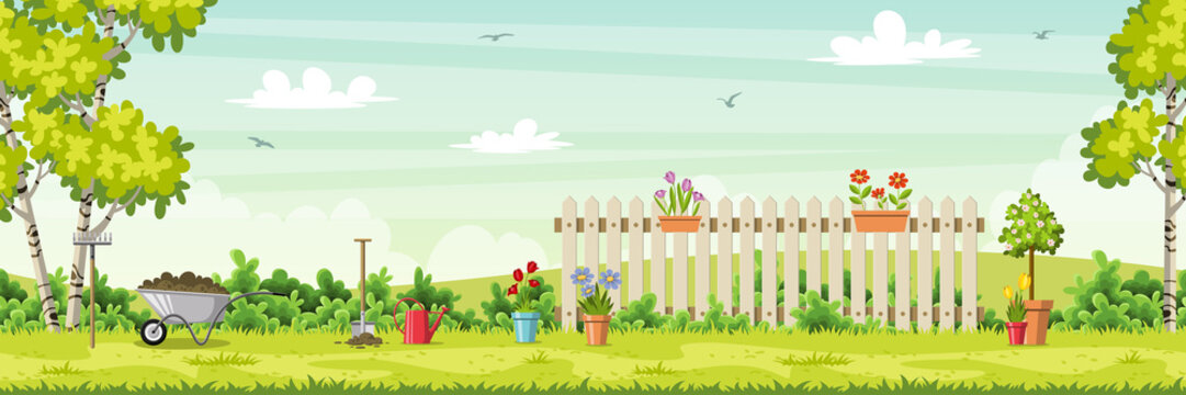 Spring landscape with garden tools, vector illustration