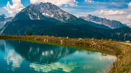 Beautiful alpine view with reflections in a lake at the famous Jenner summit near Berchtesgaden, Bavaria, Germany
