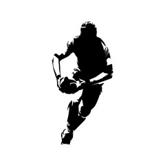 Rugby player running with ball in hands, front view. Isolated vector silhouette