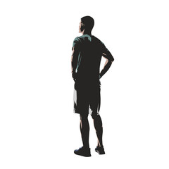 Young man dressed in t-shirt and shorts standing with hands on hips, back view. Flat design isolated vector illustration