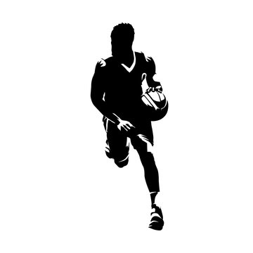 Basketball player running with ball, dribbling. Isolated vector silhouette, ink drawing, front view. Basketball point guard comic style illustration