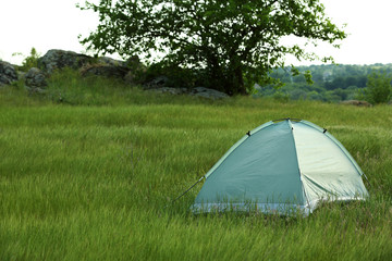 Modern camping tent in green field. Space for text