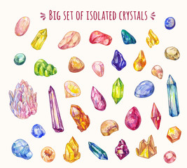 Set of many different crystals in sketch doodle style. Vector hand-drawn icons. Decoration game elements