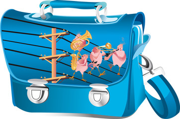 Cartable bleu avec oiseaux musiciens