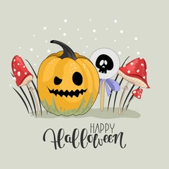 Halloween invitation. Greeting card template with cute monsters,  pumpkins and handwritten inscription phrase " Happy Halloween"