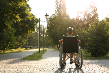 Little boy in wheelchair at park on sunny day. Space for text