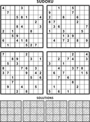 Four sudoku puzzles of comfortable (easy, yet not very easy) level, on A4 or Letter sized page with margins, suitable for large print books, answers included. Set 14.