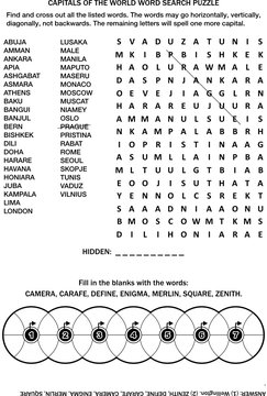 Puzzle page with two word games (English language). Capitals of the world word search puzzle. Common knowledge fill the wheels. Black and white, A4 or letter sized. Answer included.