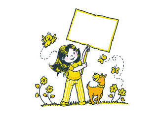 Fototapeta premium Girl with banner, little animals, yellow, cute cartoon.
