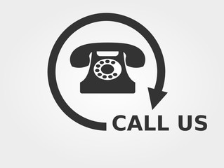 Call us concept icon. Old phone icon with Call us text. Light gray background. Vector illustration, flat style sign