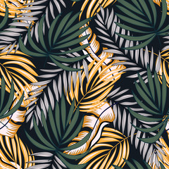 Original abstract seamless pattern with colorful tropical leaves and plants on blue background. Vector design. Jungle print. Floral background. Printing and textiles. Exotic tropics. Summer.