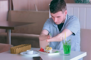 Problem of adaptation to usual life guy without wrists. Disabled man with two amputated stump hands...