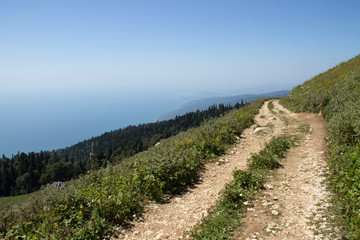 Obraz premium Summer landscape in the mountains and dark blue sky with clouds