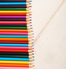 School supplies background. Back to school concept. Items for school. Office desk with copy space. Flat lay. Education and school concept. Stationery pencils, pens on table