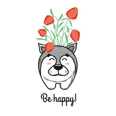 House plant in a pot with a muzzle of the animal. Cute muzzle wolf on the pot.