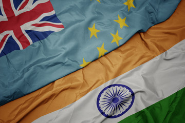 waving colorful flag of india and national flag of Tuvalu ,.