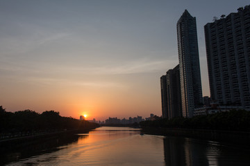 sunset over city