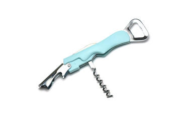 a light blue vintage style wine opener on white background isolated