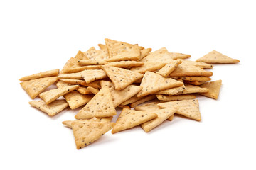 Salted crispy crackers with sesame seeds, isolated on white background