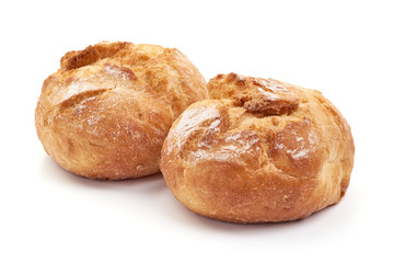 Freshly baked round homemade bread, close-up, isolated on white background