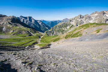 View of the "Drac Blanc" valley from the Vallonpierre Pass at the end of the Valgaudemar Valley, Ecrins National Park, French Alps