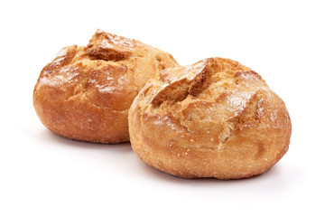Freshly baked round bread loaf, isolated on white background