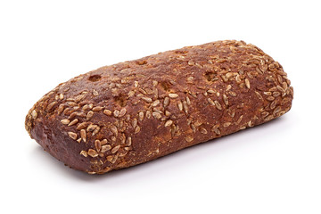 Freshly baked rye bread with sunflower seeds, isolated on white background