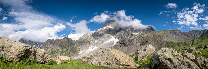 View of the Sirac from the meadow above the Vallonpierre hut in the Ecrins National park, French Alps
