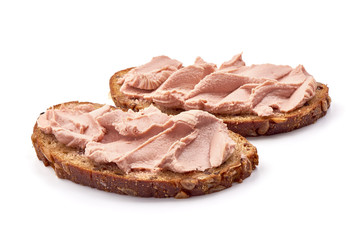 Chicken liver pate sandwich, isolated on white background