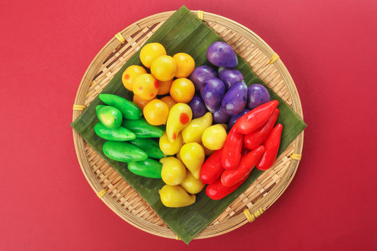 Colourful Luk chup look choop tadeonal Thai desert sweets candy creatve variety