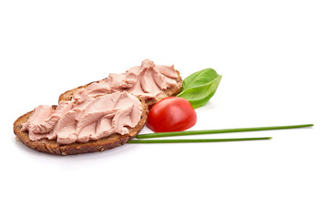 Sandwich with homemade chicken liver pate, isolated on white background