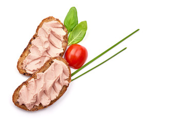 Chicken liver pate sandwich, isolated on white background