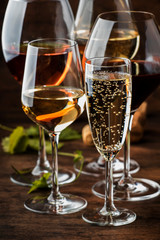 Wine tasting, still and sparkling wines. Red, white wine, rose and champagne шт assortment in...