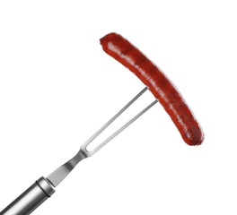 Naklejka premium Delicious grilled sausage on fork against white background. Barbecue food