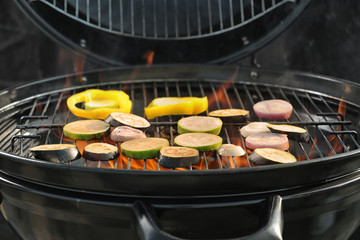 New modern barbecue grill with different vegetables, closeup