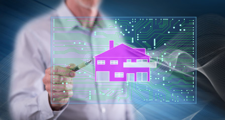 Man touching a digital smart home automation concept