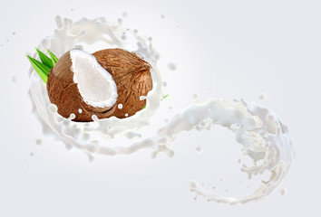 Fresh coconut milk wave 3D splash with coconuts isolated. Glossy shining vegetarian milk, smoothie, non dairy natural coconut milk, cream, cosmetic soap splash. Liquid splash label ad design element