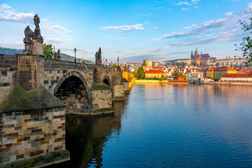 Fototapeta na wymiar Prague panorama with Charles Bridge and Prague Castle at background, Czech Republic 
