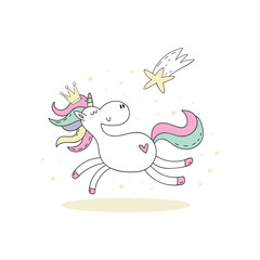Cute hand drawn cartoon character unicorn. vector illustration. print for kids.