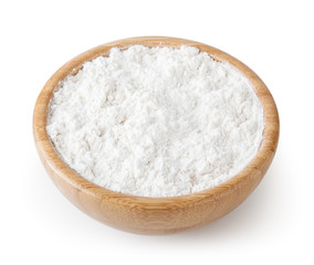 Fototapeta na wymiar White wheat flour in wooden bowl isolated on white background with clipping path
