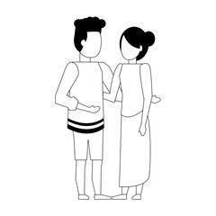 couple love young relationship cartoon in black and white