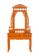 wooden carved dressing table with blank mirror frame isolated on white background with clipping path
