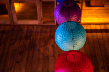 Thailand Festival Holiday Event decorates by China Colourful ball circle lamp, hang on to sling in the dark night.