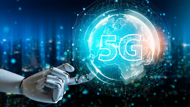 5G network digital hologram and internet of things on city background.5G network wireless systems.