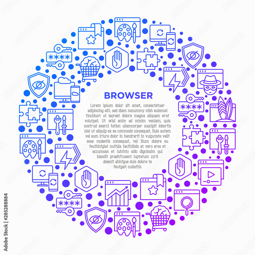 Aufkleber browser concept in circle with thin line icons: add-ons, extension, customize browser, sync between 